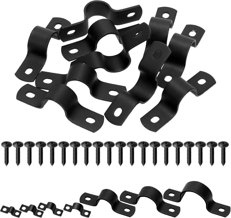 Tanstic 10Pcs Black Two Hole Pipe Strap, 3/4” Two Hole Strap U Bracket Rigid Pipe Strap Pipe Strap Clamp with Phillips Modified Truss Head Wood Screws for Fixing Pipe, Conduit, U Bracket - Image 1